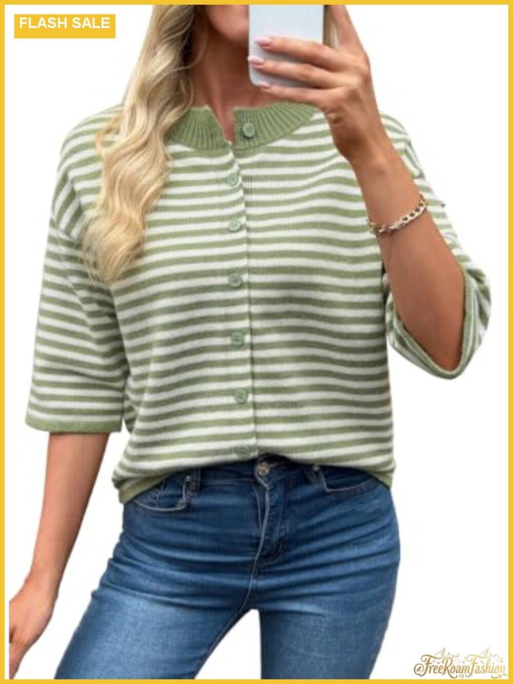 Womens Cardigan 3/4 Sleeve Button Knit Sweater Loose Fit